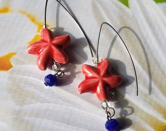 Red Hibiscus Flower Earrings for the Summer, Hawaiian Jewelry, Beach Flower, Sterling Wires,Flower Jewelry Dangle earrings by Styx River Art