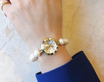 Fresh Water Pearl Watch with magnetic lock, Elegant Barouque Strap Freshwater Pearls – Vintage Style Quartz Bracelet Watch