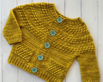 Textured cardigan knitting pattern, unisex sweater, Easter cardigan, pockets (3mo to 10yo) - Teatime cardigan