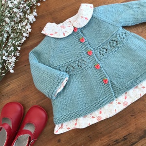 Knitting pattern girl cardigan, knitting pattern lace cardigan, romantic matinee jacket for babies and girls (3mo to 10yo) - Chamomile