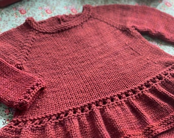 Swingy sweater dress knitting pattern, with high-low hem and ruffle, tunic for babies and girls, sizes 3mo to 10yo - Ariadne Dress