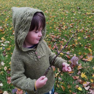 Può includere: Un bambino piccolo che indossa un maglione verde con cappuccio e un motivo a treccia sta tenendo un ramoscello con una foglia attaccata. Il bambino è in piedi in un'area erbosa con foglie cadute.