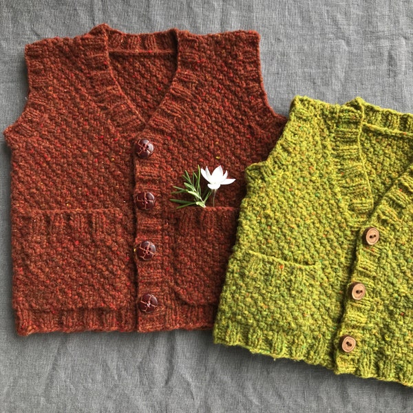 Buttoned vest knitting pattern, baby waistcoat knitting pattern, baby vest with pockets , sizes 3mo to 10yo - Hobbit Vest with Pocketses
