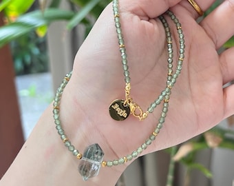 Green Phantom Quartz Necklace: Apatite Beaded 18k Gold-Plated Steel