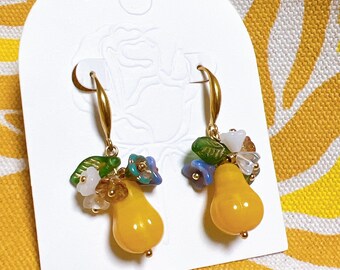 Bohemian Pear Drop Earrings: Czech Glass Bead Fruit Flower, Summer Jewelry