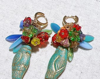 Bohemian Parrot & Eagle Dangle Earrings: Colorful Flower Bouquet