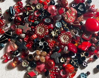 Red & Black Czech Glass Bead Mix: Gothic Jewelry Making, 100g