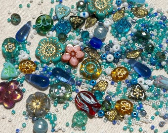 Teal Czech Glass Bead Mix: Japanese Seed Beads, Jewelry Making (50g