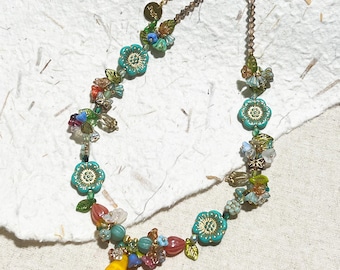Pear & Floral Beaded Necklace: Bohemian Summer Jewelry