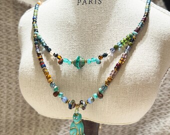 Bohemian Cat Layer Necklace: Czech Glass Beads, Vintage Turquoise