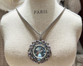 Handcrafted Beaded Bezel Crystal Flower Pendant necklace