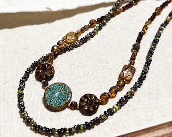 Vintage Style Czech Glass Bead Layered Necklace: Picasso Peanuts