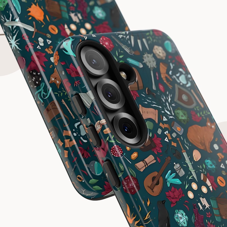 May include: A teal phone case with a repeating pattern of fantasy-themed illustrations. The design includes a brown bear, a black cat, dice, a lute, and various other objects in shades of brown, red, and green.