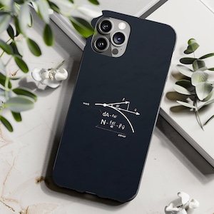 Op de afbeelding: Een marineblauwe telefoonhoes met een witte natuurkundige formule. De hoes heeft een glanzende afwerking en een camera-uitsparing. De formule bevat symbolen voor arbeid, vermogen en kracht. De hoes is ontworpen voor een smartphone.