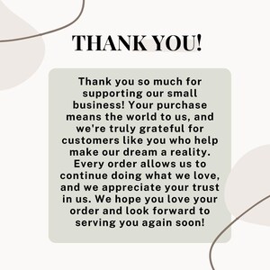 K&ouml;nnte beinhalten: Grafik mit den Worten "THANK YOU!" in fetter schwarzer Schrift. Darunter wird eine Dankesbotschaft an die Kunden f&uuml;r die Unterst&uuml;tzung eines kleinen Unternehmens in einem hellgrauen Feld angezeigt.