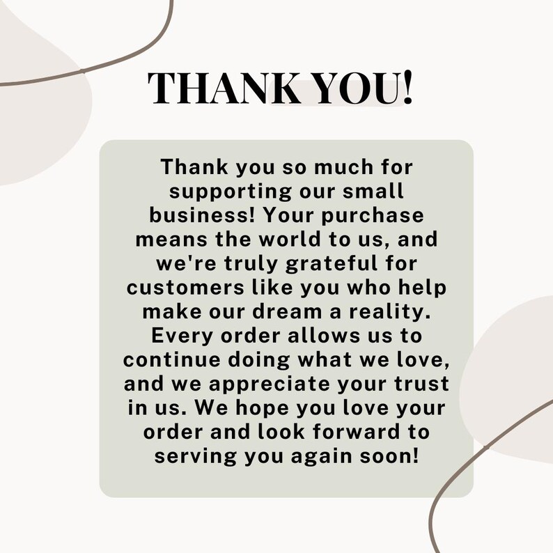 K&ouml;nnte beinhalten: Grafik mit den Worten "THANK YOU!" in fetter schwarzer Schrift. Darunter wird eine Dankesbotschaft an die Kunden f&uuml;r die Unterst&uuml;tzung eines kleinen Unternehmens in einem hellgrauen Feld angezeigt.
