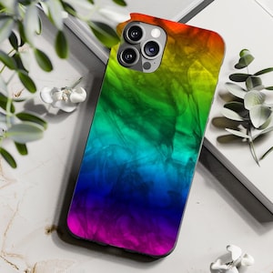 May include: A phone case with a rainbow marble design. The case has a black background with streaks of red, orange, yellow, green, blue, indigo, and violet.