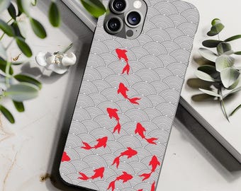 May include: A gray and white phone case with a pattern of overlapping circles and red fish swimming in a line. The phone case is designed for an iPhone 13 Pro Max.