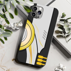 May include: A white and black phone case with a yellow and black design. The case has a camera lens cutout and a black border.