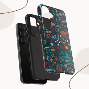 May include: A black smartphone with a protective case. The case has a teal background with a pattern of fantasy illustrations and the text "HOW DO YOU WANT TO DO THIS?"