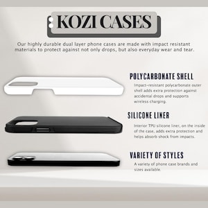 May include: Image of KOZI CASES phone cases. The image shows a white, black, and silver phone case. The cases are made with impact-resistant materials to protect against drops and everyday wear and tear. The cases have a polycarbonate shell and a silicone liner.