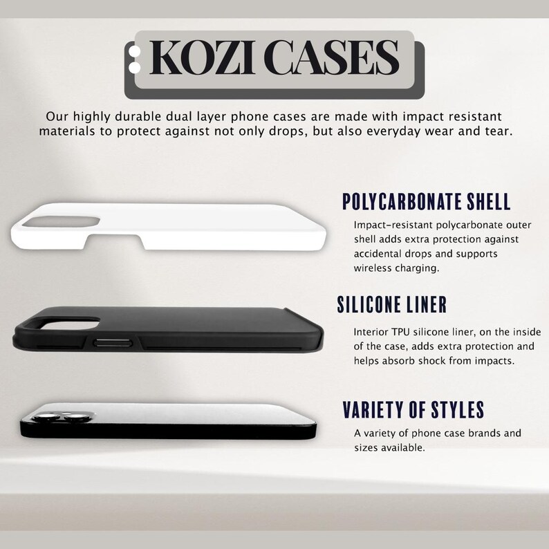 May include: Image of KOZI CASES phone cases. The image shows a white, black, and silver phone case. The cases are made with impact-resistant materials to protect against drops and everyday wear and tear. The cases have a polycarbonate shell and a silicone liner.