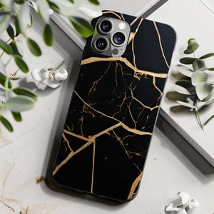 Handyhülle Schwarz Gold Kintsugi Marmor Tough Case für iPhone Samsung Schutzhülle Modernes Einzigartiges Design Geschenk für Ihn für Sie Japanische Kunst
