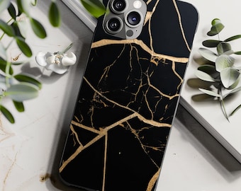 Phone Case Black Gold Kintsugi Marble Tough Case for iPhone Samsung Protective Cover Modern Unique Design Gift for Him for Her Japanese Art