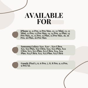May include: Image with the text "AVAILABLE FOR" followed by a list of compatible phone models, including iPhone, Samsung Galaxy, and Google Pixel models. The list is organized by brand and model.
