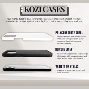 May include: Image of KOZI CASES phone cases. The image shows a white, black, and silver phone case. The cases are made with impact-resistant materials to protect against drops and everyday wear and tear. The cases have a polycarbonate shell and a silicone liner.