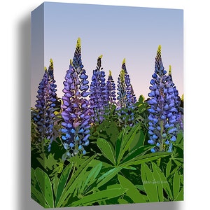 May include: A painting of a field of purple lupin flowers with green leaves against a blue sky. The painting is signed "Dawn Groves 2021".