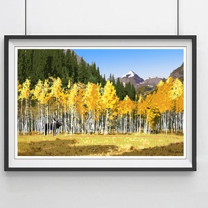 Estampado de alces y cuervos: Paisaje de álamos y pinos de Colorado