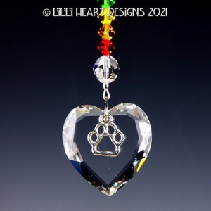 Rainbow Bridge Swarovski Crystal Faceted Heart with Paw Print Loss of Pet Double Rainbow Suncatcher Car Charm by Lilli Heart Designs