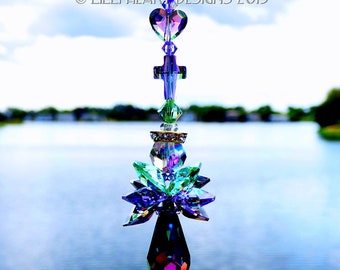 Swarovski Crystal Suncatcher *PARADISE SHINE Cross ANGEL* with Hearts Very Rare Retired Vitrail Medium Body and Wings by Lilli Heart Designs