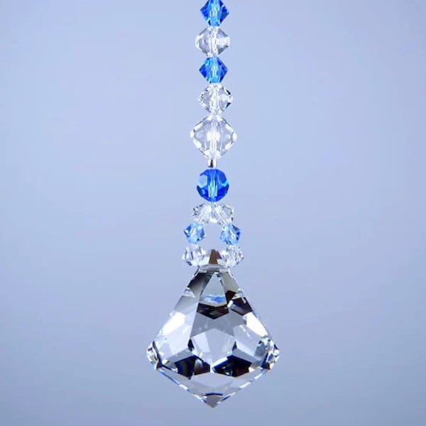 Swarovski Crystal Suncatcher 30mm Chanukah Judaica Dreidel Sapphire Blue Beads Logo Etched Car Charm  Rainbow Maker Lilli Heart Designs
