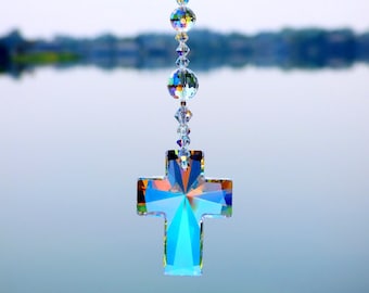 Swarovski Crystal Cross 40mm Large Aurora Borealis Suncatcher or Rear View Mirror Charm with Graduated Rare Disco Beads Lilli Heart Designs