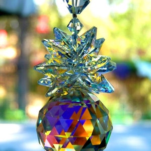 Swarovski Crystal Suncatcher Pineapple Aurora Borealis 30mm Prism Crystal Ball Pineapple with AB Leaves For Home or Car Lilli Heart Designs