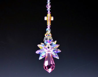 New RARE VINTAGE Swarovski Crystal Suncatcher With Cross Light Rose Rare Blue AB and Pink Wings Guardian Angel Car Charm Lilli Heart Designs