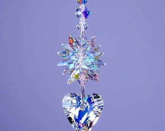 Swarovski Crystal Suncatcher 27mm Aurora Borealis Wild Heart Suncatcher with AB Octagon Star Top Starburst Ornament by Lilli Heart Designs