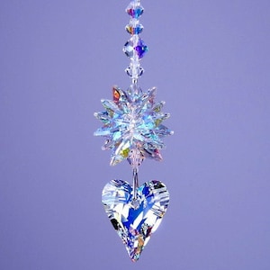 Swarovski Crystal Suncatcher 27mm Aurora Borealis Wild Heart Suncatcher with AB Octagon Star Top Starburst Ornament by Lilli Heart Designs