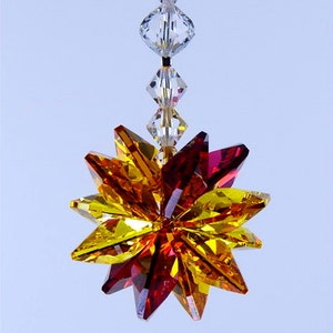 Kryształowy łapacz słońca Swarovski z rozbłyskiem słonecznym w kolorze gorącej czerwieni bordowej, jasnego topazu i ciemnego topazu Starburst od Lilli Heart Designs