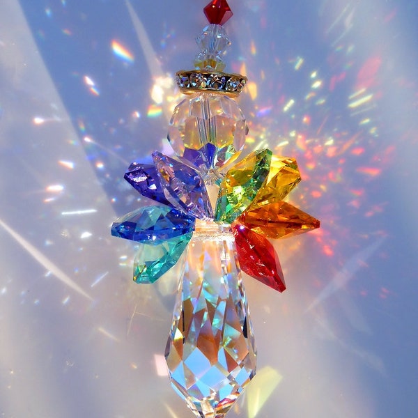 Swarovski Crystal Suncatcher LARGE Angel Aurora Borealis Body and Colorful 7 Healing CHAKRA Colored Wings Car Charm Lilli Heart Designs