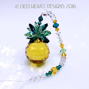 Swarovski Crystal Suncatcher Pineapple Light Topaz 30mm Ball 12 Emerald and Peridot Leaves Long Ornament Car Charm by Lilli Heart Designs