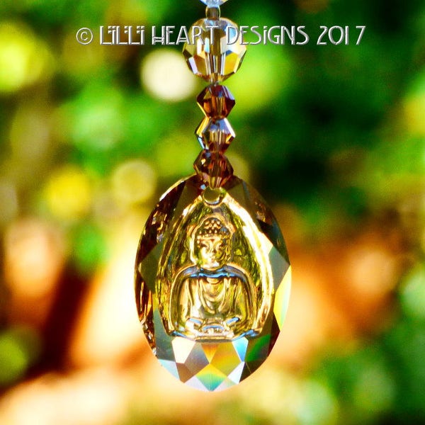 Swarovski Crystal BUDDHA GOLDEN Suncatcher or Car Charm Matching Golden Shadow and Clear Vintage Beads on Strand Lilli Heart Designs