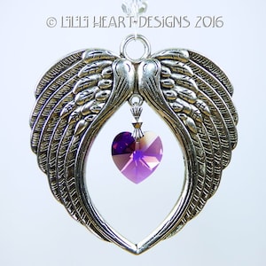Swarovski Crystal Suncatcher for Car Charm or Window Ornament Vintage *AMETHYST HEART* in Angel Wings Lilli Heart Designs