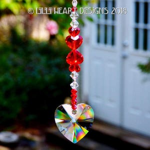 Swarovski Crystal Suncatcher Clear 28mm Heart Suncatcher with Red Hearts and Clear Butterfly Strand Car Charm Lilli Heart Designs