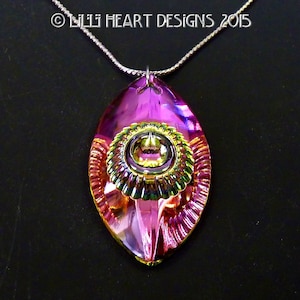Eye of Shiva Fine Crystal Vitrail Medium Peacock Colors Healing Pendant on Silver Plated 18&quot; Chain Lilli Heart Designs