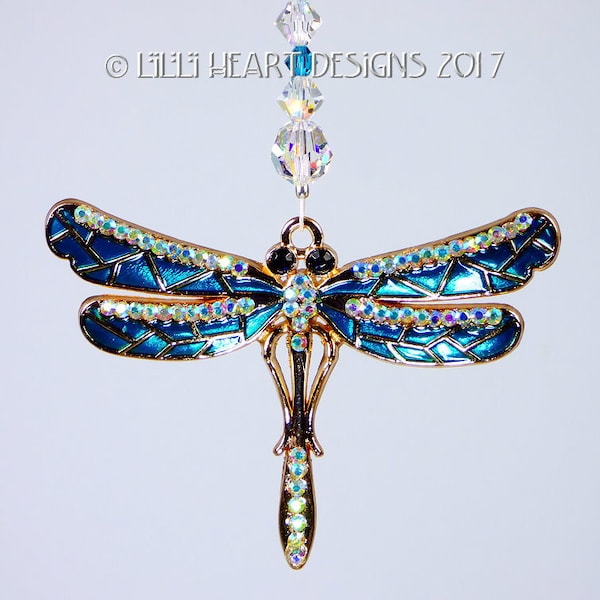 m/w Swarovski Crystal Dragonfly Car Charm Beaded Strand GOLD Plated Enamel TEAL WINGED Suncatcher Rear View Mirror Lilli Heart Designs