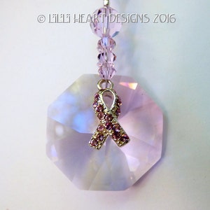 Swarovski Crystal Breast Cancer Sterling Silver Ribbon Pink Awareness Suncatcher Car Charm Extremly RARE Vintage Octagon Lilli Heart Designs