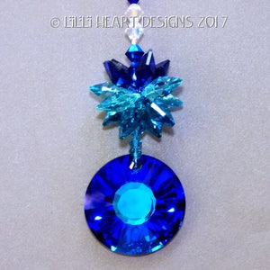 Swarovski Crystal Suncatcher BERMUDA BLUE Sun Suncatcher Car Charm with Matching Color Octagon Star Top Designed by Lilli Heart Designs